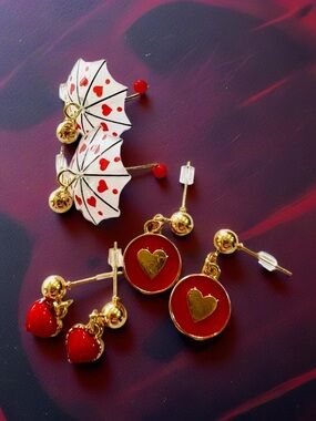 Teeny Tiny Umbrella Gold-Tone Red Hearts and Hearts Drop Earring Set of 3